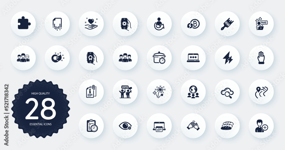 Set of Business icons, such as Fake internet, Clapping hands and Group flat icons. Laptop password, Puzzle, Add person web elements. Calendar, Hold heart, Exam time signs. Share. Vector Set of Business icons, such as Fake internet, Clapping hands and Group flat icons. Laptop password, Puzzle, Add person web elements. Calendar, Hold heart, Exam time signs. Share. Vector
