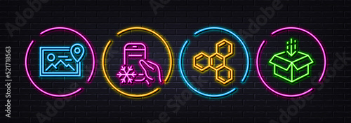 Chemical formula, Refrigerator app and Photo location minimal line icons. Neon laser 3d lights. Get box icons. For web, application, printing. Chemistry, Fridge application, Image album. Vector