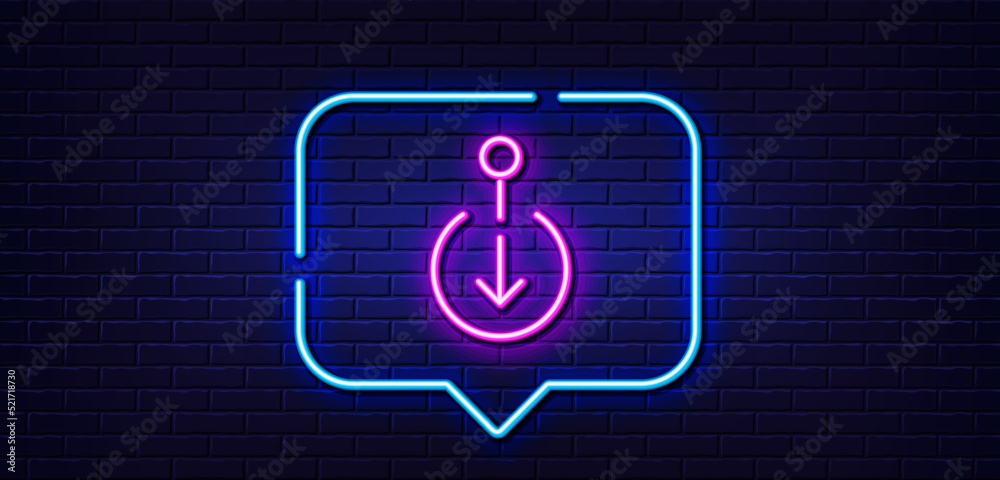 Neon light speech bubble. Scroll down arrow line icon. Scrolling screen sign. Swipe page. Neon light background. Scroll down glow line. Brick wall banner. Vector Neon light speech bubble. Scroll down arrow line icon. Scrolling screen sign. Swipe page. Neon light background. Scroll down glow line. Brick wall banner. Vector