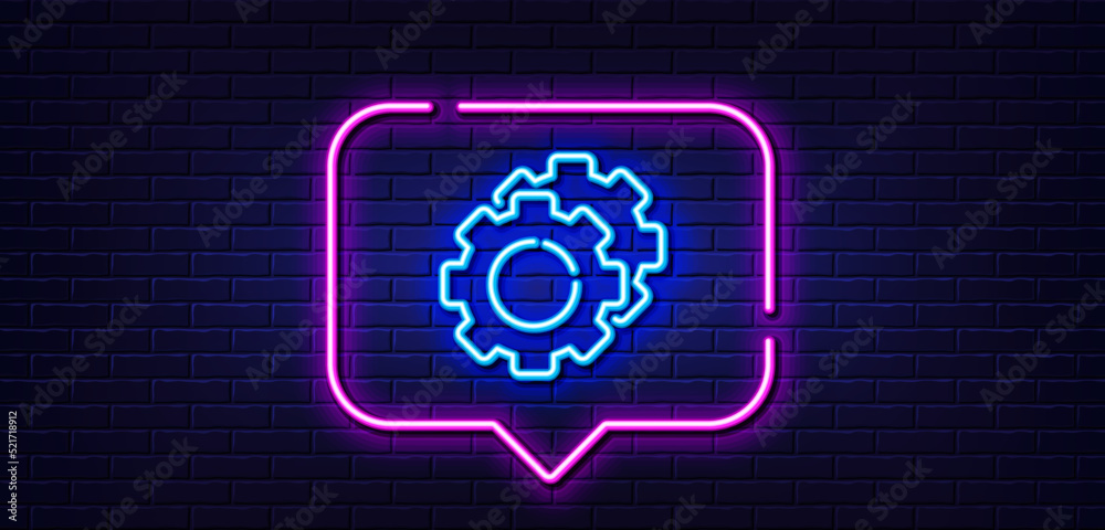 Neon light speech bubble. Settings gears line icon. Cogwheel sign. Working process symbol. Neon light background. Settings gears glow line. Brick wall banner. Vector Neon light speech bubble. Settings gears line icon. Cogwheel sign. Working process symbol. Neon light background. Settings gears glow line. Brick wall banner. Vector