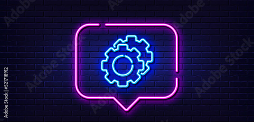 Neon light speech bubble. Settings gears line icon. Cogwheel sign. Working process symbol. Neon light background. Settings gears glow line. Brick wall banner. Vector