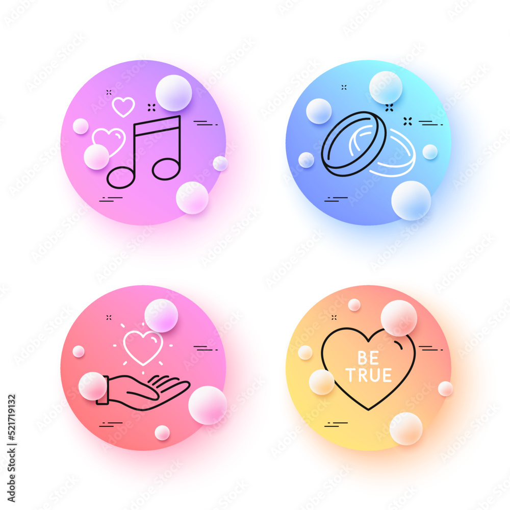 Hold heart, Wedding rings and Love music minimal line icons. 3d spheres or balls buttons. Be true icons. For web, application, printing. Love brand, Musical note. Hold heart line icon banner. Vector Hold heart, Wedding rings and Love music minimal line icons. 3d spheres or balls buttons. Be true icons. For web, application, printing. Love brand, Musical note. Hold heart line icon banner. Vector