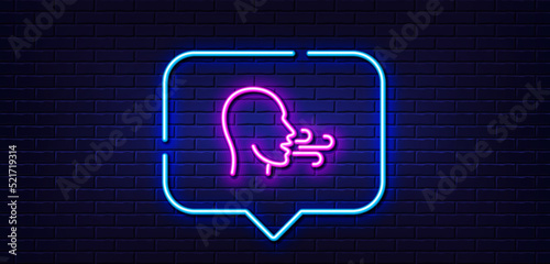 Neon light speech bubble. Breathing line icon. Breath difficulties sign. Respiration problems symbol. Neon light background. Breathing exercise glow line. Brick wall banner. Vector