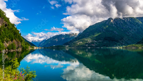 Fototapeta Naklejka Na Ścianę i Meble -  Amazing nature view with fjord and mountains. Beautiful reflection. Location: Scandinavian Mountains, Norway. Artistic picture. Beauty world. The feeling of complete freedom