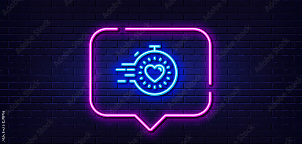 Neon light speech bubble. Timer line icon. Time management sign. Stopwatch with heart symbol. Neon light background. Timer glow line. Brick wall banner. Vector Neon light speech bubble. Timer line icon. Time management sign. Stopwatch with heart symbol. Neon light background. Timer glow line. Brick wall banner. Vector