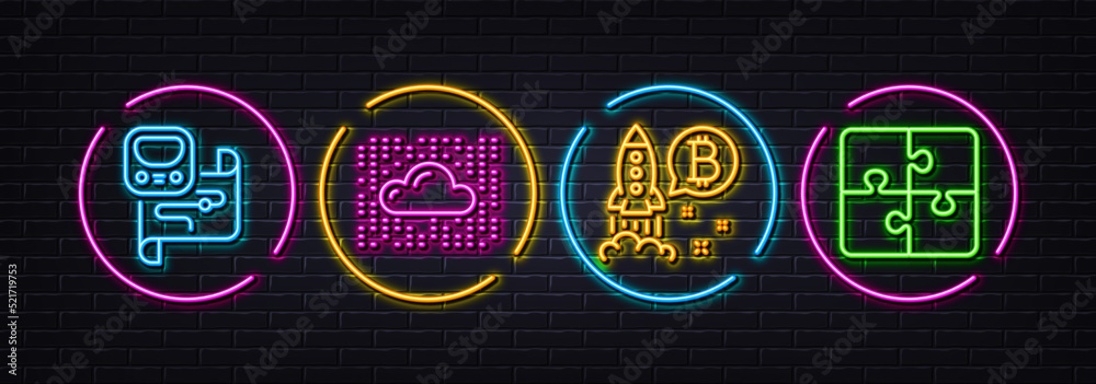 Bitcoin project, Cloud system and Metro map minimal line icons. Neon laser 3d lights. Puzzle icons. For web, application, printing. Cryptocurrency startup, Data storage, Transit station. Vector