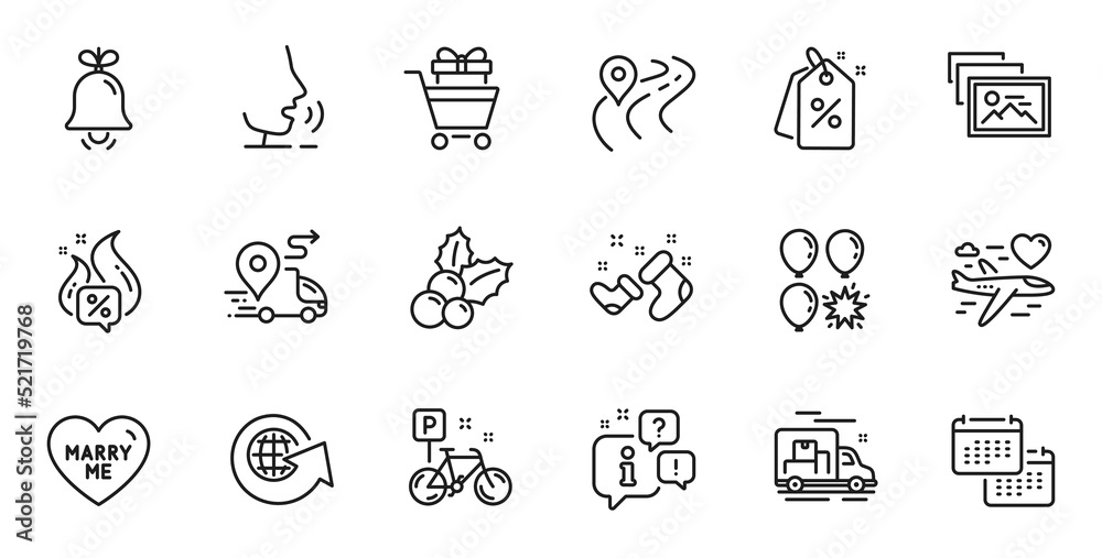 Outline set of Marry me, World globe and Calendar line icons for web application. Talk, information, delivery truck outline icon. Include Santa boots, Hot offer, Balloon dart icons. Vector