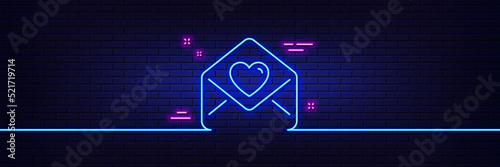 Neon light glow effect. Love letter line icon. Heart mail sign. Valentine day symbol. 3d line neon glow icon. Brick wall banner. Love letter outline. Vector
