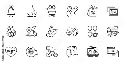 Outline set of Marry me, World globe and Calendar line icons for web application. Talk, information, delivery truck outline icon. Include Santa boots, Hot offer, Balloon dart icons. Vector