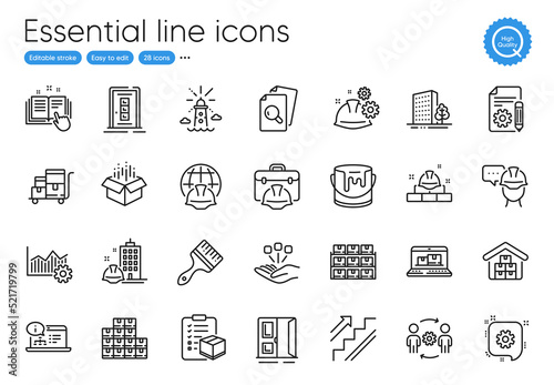 Construction bricks, Door and Stairs line icons. Collection of Lighthouse, Buildings, Inventory cart icons. Open door, Global engineering, Web inventory web elements. Vector