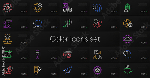 Set of Helicopter, Winner podium and Friends couple line icons. Include Cogwheel, Palette, Ice cream milkshake icons. Friend, Teamwork questions, World medicine web elements. Leaves. Vector