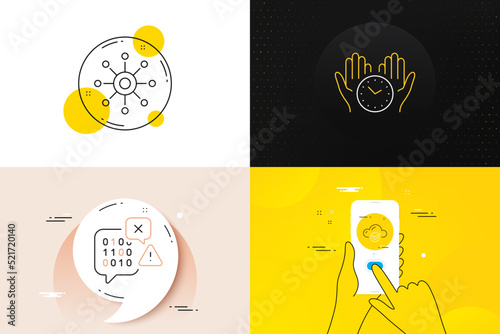 Minimal set of Cloud computing, Safe time and Binary code line icons. Phone screen, Quote banners. Multichannel icons. For web development. Approved storage, Hold clock, Programming chat. Vector