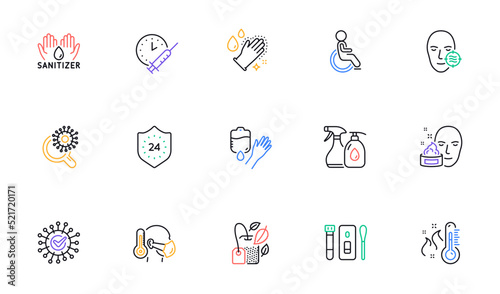 Cleaning liquids, 24 hours and Coronavirus research line icons for website, printing. Collection of Hand sanitizer, Sick man, Coronavirus icons. Mint bag, Blood, High thermometer web elements. Vector