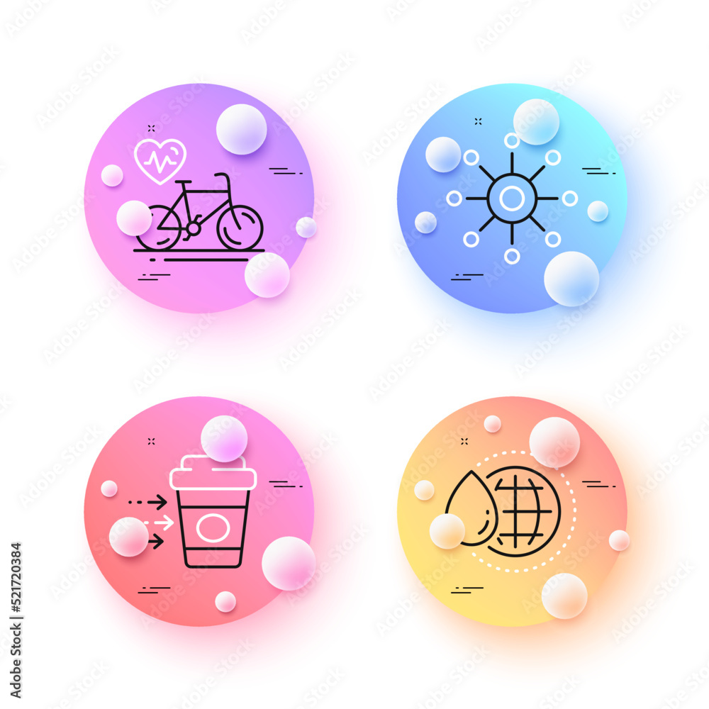Coffee delivery, Cardio bike and World water minimal line icons. 3d spheres or balls buttons. Multichannel icons. For web, application, printing. Soft beverage, Fitness bicycle, Aqua drop. Vector Coffee delivery, Cardio bike and World water minimal line icons. 3d spheres or balls buttons. Multichannel icons. For web, application, printing. Soft beverage, Fitness bicycle, Aqua drop. Vector