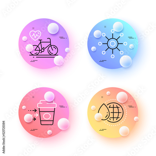 Coffee delivery  Cardio bike and World water minimal line icons. 3d spheres or balls buttons. Multichannel icons. For web  application  printing. Soft beverage  Fitness bicycle  Aqua drop. Vector