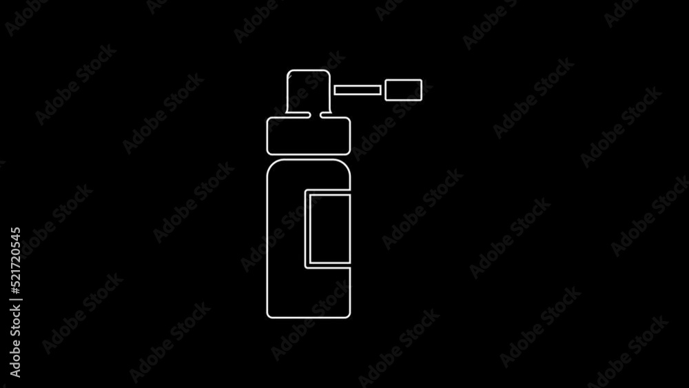 White line Medical bottle with nozzle spray for the treatment of diseases of the nose and throat icon isolated on black background. 4K Video motion graphic animation White line Medical bottle with nozzle spray for the treatment of diseases of the nose and throat icon isolated on black background. 4K Video motion graphic animation
