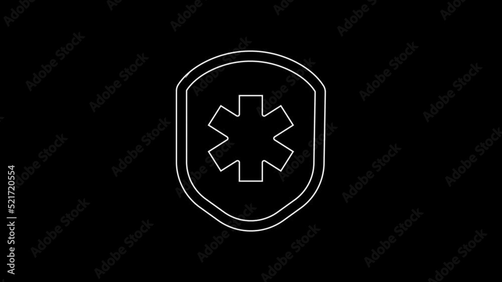 White line Medical shield with cross icon isolated on black background. Protection, safety, password security. 4K Video motion graphic animation White line Medical shield with cross icon isolated on black background. Protection, safety, password security. 4K Video motion graphic animation