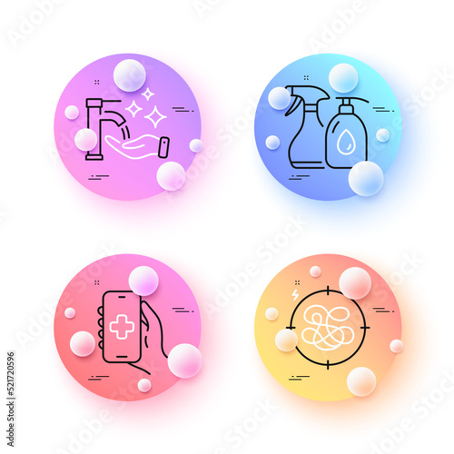 Washing hands, Cleaning liquids and Stress minimal line icons. 3d spheres or balls buttons. Health app icons. For web, application, printing. Hygiene care, Antiseptic soap, Anxiety chat. Vector