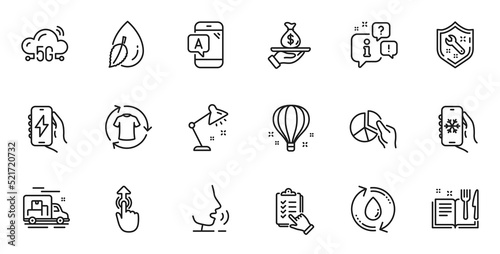 Outline set of 5g cloud, Table lamp and Air conditioning line icons for web application. Talk, information, delivery truck outline icon. Include Pie chart, Air balloon, Swipe up icons. Vector