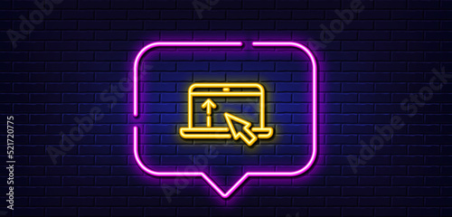 Neon light speech bubble. Swipe up laptop line icon. Scrolling arrow sign. Landing page scroll symbol. Neon light background. Swipe up glow line. Brick wall banner. Vector