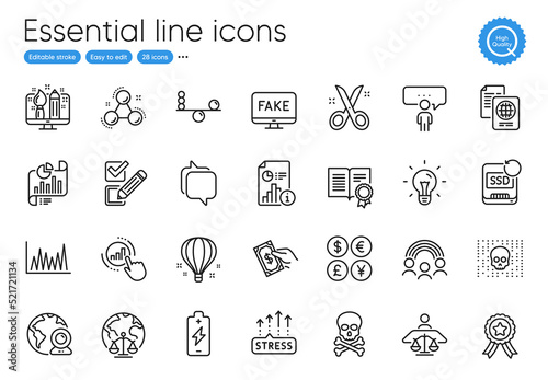 Creative design, Fake news and Money currency line icons. Collection of Messenger, Checkbox, Court judge icons. Video conference, Idea, Air balloon web elements. Winner ribbon. Vector