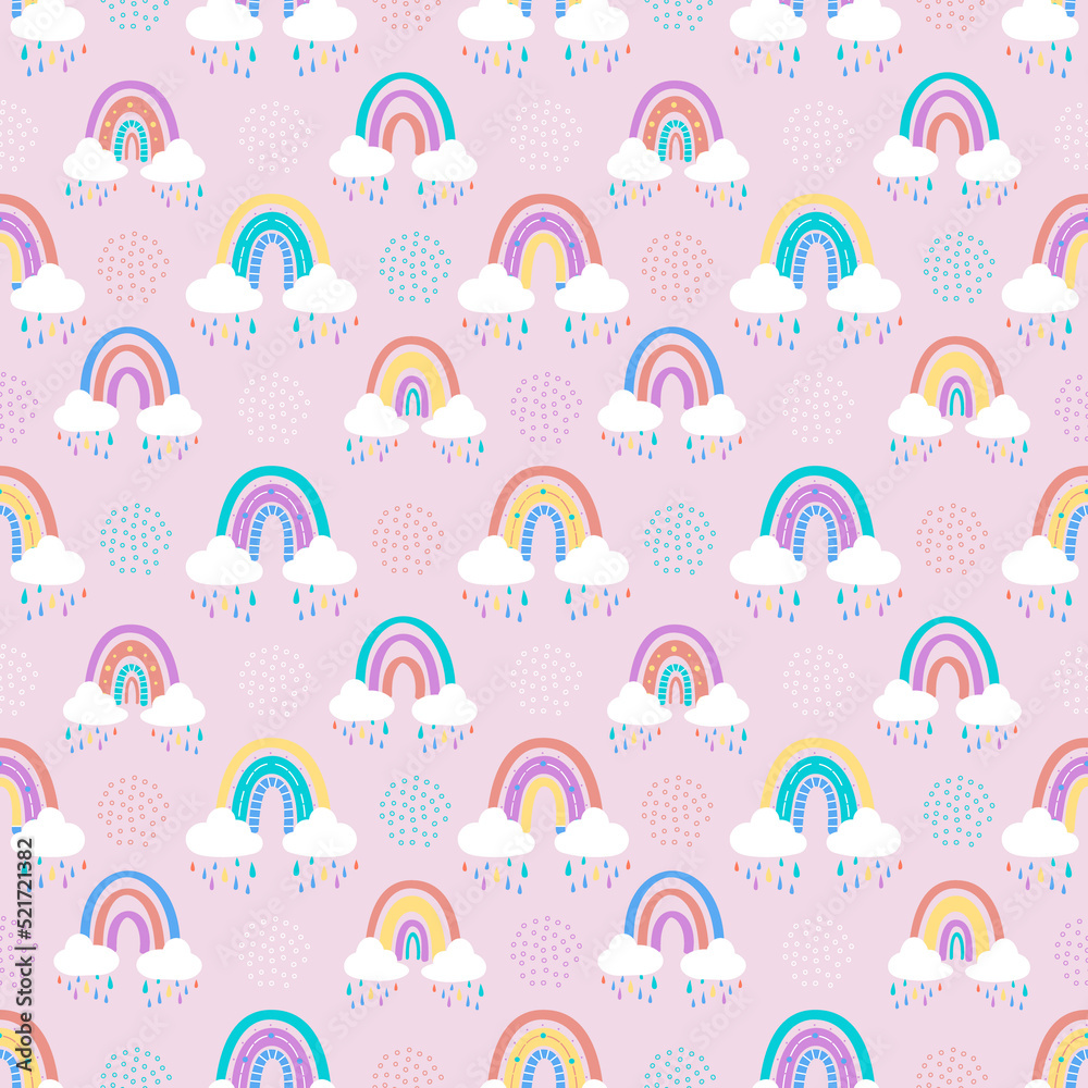 .Abstract rainbow with clouds and raindrops, doodles and circles in a seamless pattern