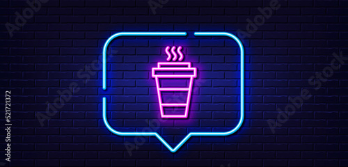 Neon light speech bubble. Takeaway Coffee cup line icon. Hot drink sign. Takeout symbol. Neon light background. Takeaway glow line. Brick wall banner. Vector