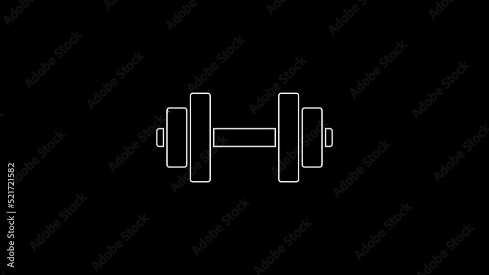 White line Dumbbell icon isolated on black background. Muscle lifting icon, fitness barbell, gym, sports equipment, exercise bumbbell. 4K Video motion graphic animation White line Dumbbell icon isolated on black background. Muscle lifting icon, fitness barbell, gym, sports equipment, exercise bumbbell. 4K Video motion graphic animation