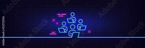 Neon light glow effect. Teamwork line icon. Remote office sign. Team employees symbol. 3d line neon glow icon. Brick wall banner. Teamwork outline. Vector