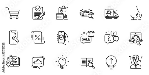 Outline set of Search car, Internet and Smartphone repair line icons for web application. Talk, information, delivery truck outline icon. Include Cloud communication, Gps, Swipe up icons. Vector