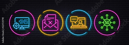Friends chat, Seo and Reject letter minimal line icons. Neon laser 3d lights. 5g technology icons. For web, application, printing. Message, Search engine, Delete mail. Wireless communication. Vector