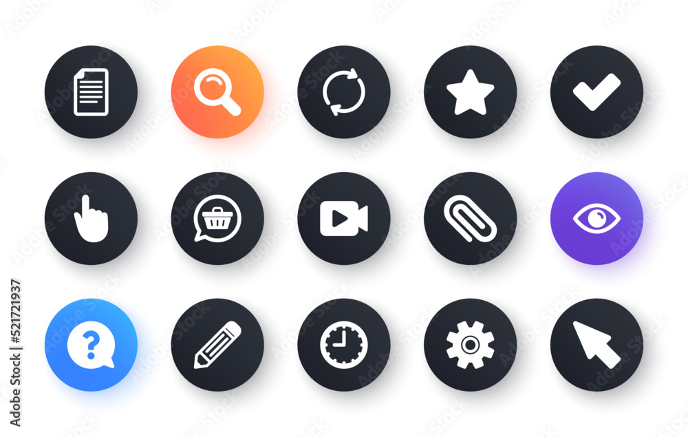 Document, Time and Question mark icons. Search, Video camera and Check mark. Classic icon set. Circle web buttons. Vector Document, Time and Question mark icons. Search, Video camera and Check mark. Classic icon set. Circle web buttons. Vector