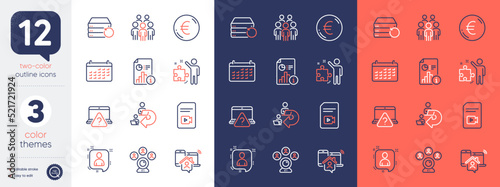 Set of Group people, Recovery server and Work home line icons. Include Strategy, Report, Video conference icons. Online question, Delegate work, Video file web elements. Calendar. Vector