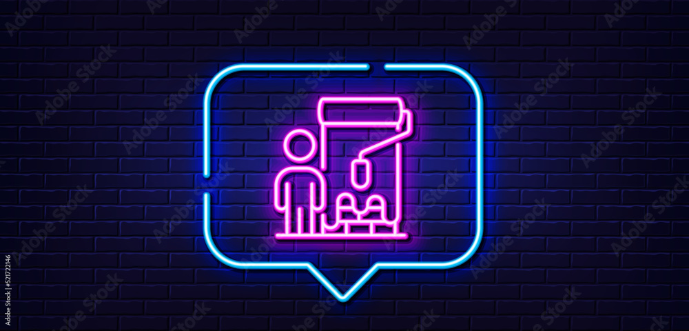 Neon light speech bubble. Painter line icon. Paint brush roller sign. Professional artist symbol. Neon light background. Painter glow line. Brick wall banner. Vector Neon light speech bubble. Painter line icon. Paint brush roller sign. Professional artist symbol. Neon light background. Painter glow line. Brick wall banner. Vector
