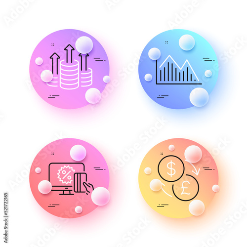 Investment graph, Budget and Currency exchange minimal line icons. 3d spheres or balls buttons. Online shopping icons. For web, application, printing. Vector