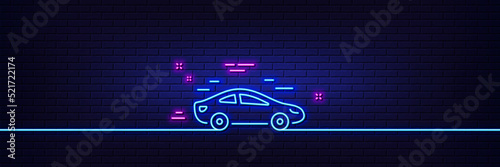 Neon light glow effect. Car transport line icon. Transportation vehicle sign. Driving symbol. 3d line neon glow icon. Brick wall banner. Car outline. Vector