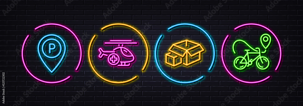 Parking, Packing boxes and Medical helicopter minimal line icons. Neon laser 3d lights. Bike delivery icons. For web, application, printing. Park pointer, Delivery package, Sky transport. Vector