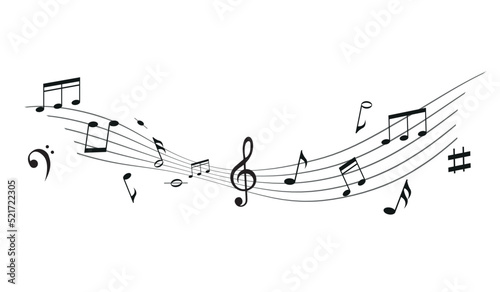 Music wave with notes isolated on white background. Sound recording stripes. Piano melody. Icons for music design. Vector illustration.