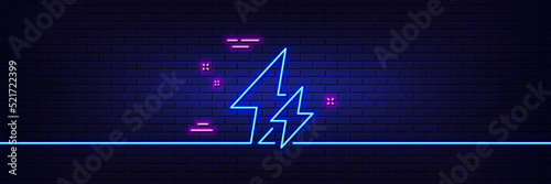 Neon light glow effect. Electricity line icon. Electric power energy type sign. Lightning bolt symbol. 3d line neon glow icon. Brick wall banner. Electricity outline. Vector