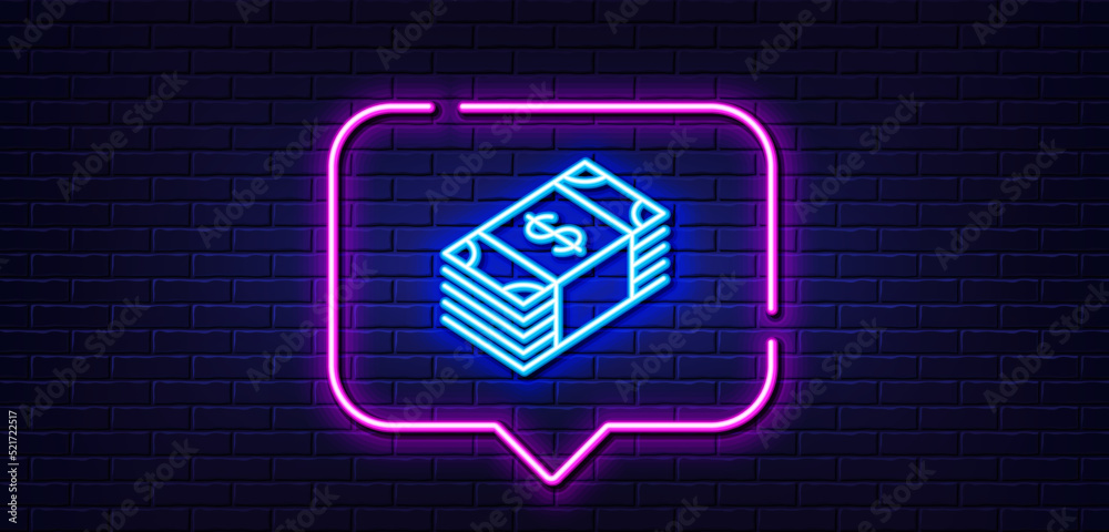 Neon light speech bubble. Cash money line icon. Banking currency sign. Dollar or USD symbol. Neon light background. Usd currency glow line. Brick wall banner. Vector Neon light speech bubble. Cash money line icon. Banking currency sign. Dollar or USD symbol. Neon light background. Usd currency glow line. Brick wall banner. Vector