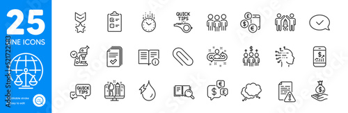 Outline icons set. Creative design, Group and Magistrates court icons. Quick tips, Approved message, Instruction manual web elements. Search book, Mobile finance, Partnership signs. Vector