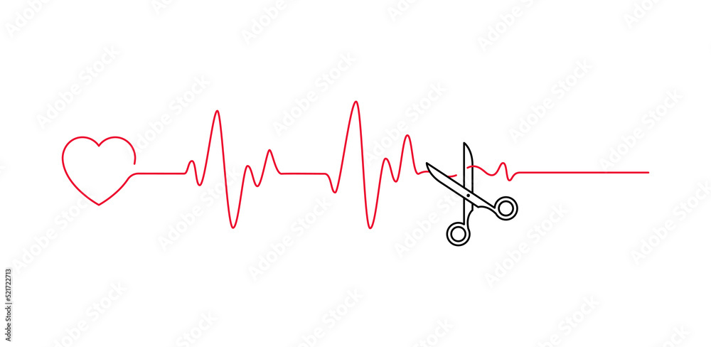 Heart beat pulse line cut off scissors vector illustration. Concept end of life outline style Heart beat pulse line cut off scissors vector illustration. Concept end of life outline style