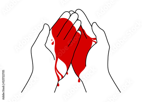 Two open palms covered in blood top view outline style vector illustration