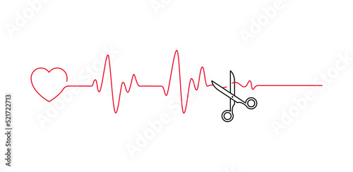 Heart beat pulse line cut off scissors vector illustration. Concept end of life outline style photo