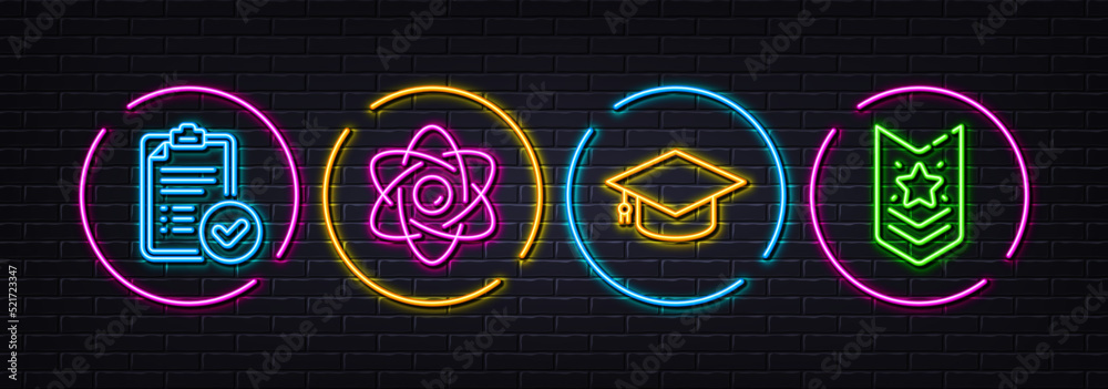 Atom core, Graduation cap and Approved report minimal line icons. Neon laser 3d lights. Shoulder strap icons. For web, application, printing. Nuclear power, University, Verification document. Vector