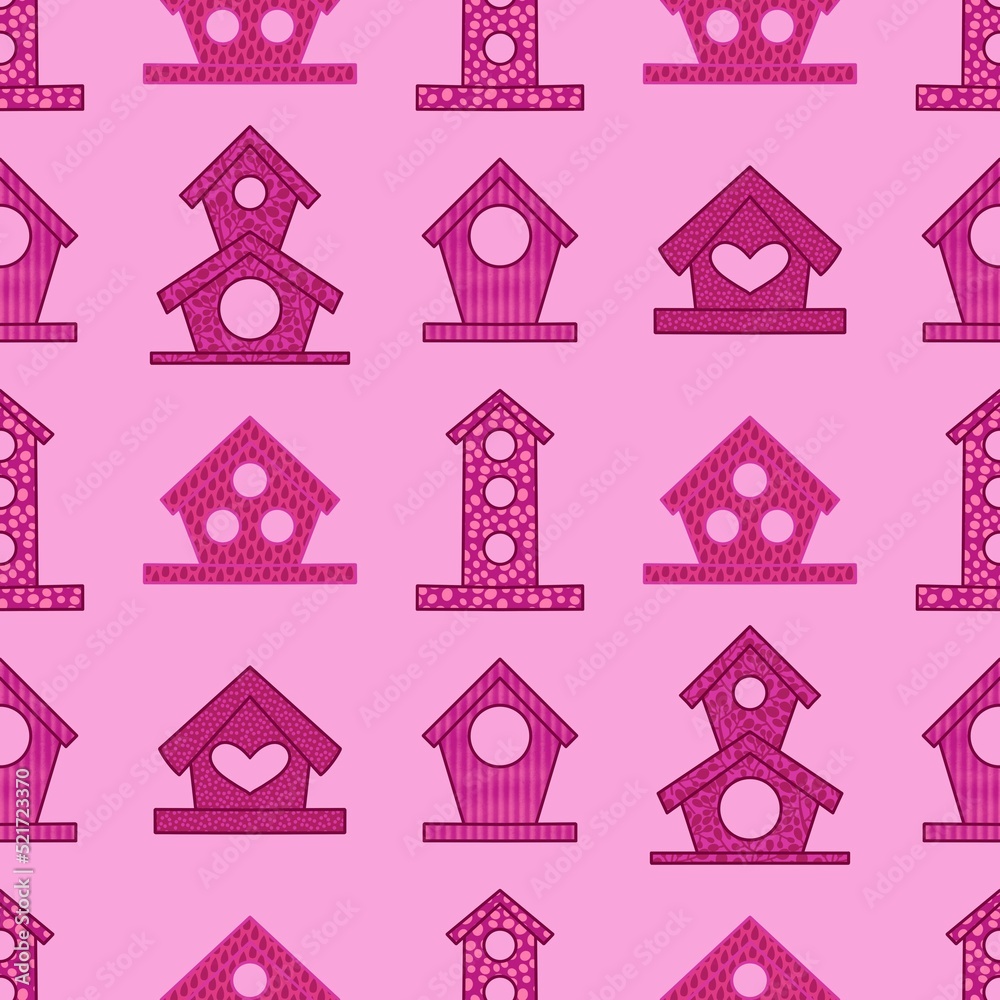 Cartoon geometric seamless birdhouse pattern for wrapping paper and clothes print and fabrics and kids