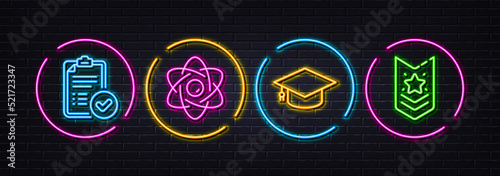 Atom core, Graduation cap and Approved report minimal line icons. Neon laser 3d lights. Shoulder strap icons. For web, application, printing. Nuclear power, University, Verification document. Vector