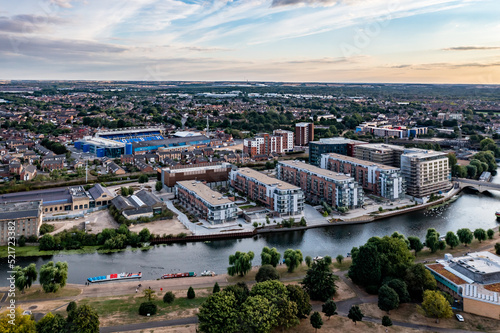 Aerial view of the River Nene and luxury apartments in Peterborough 