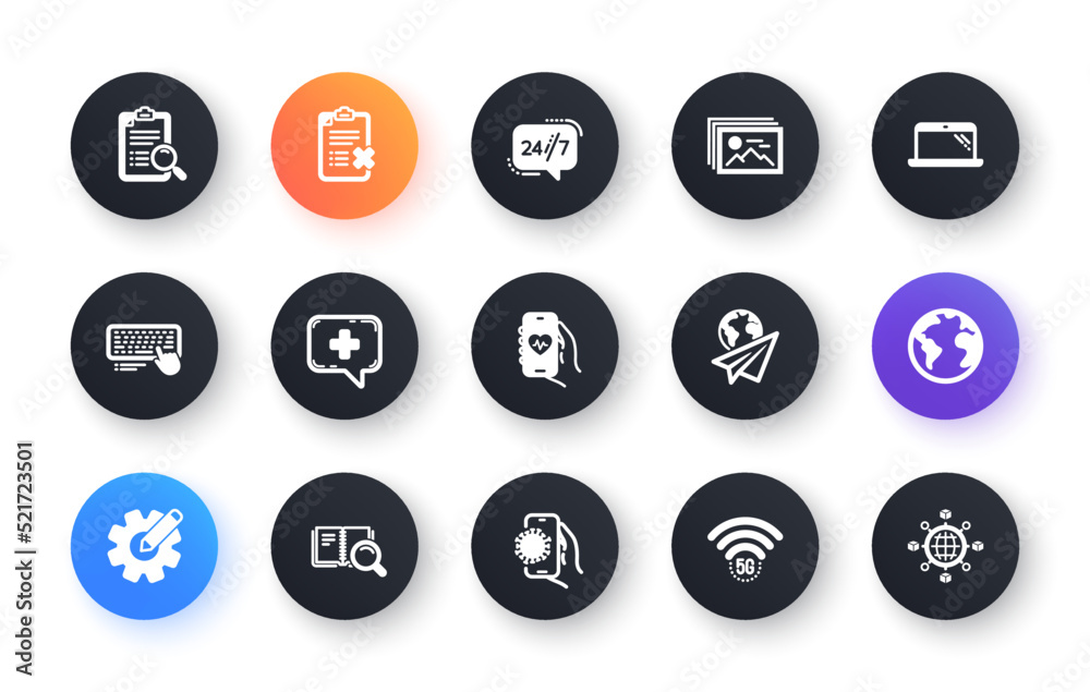 Minimal set of Computer keyboard, Search analysis and World planet flat icons for web development. 24h service, Health app, Medical chat icons. 5g wifi, Paper plane, Image gallery web elements. Vector Minimal set of Computer keyboard, Search analysis and World planet flat icons for web development. 24h service, Health app, Medical chat icons. 5g wifi, Paper plane, Image gallery web elements. Vector