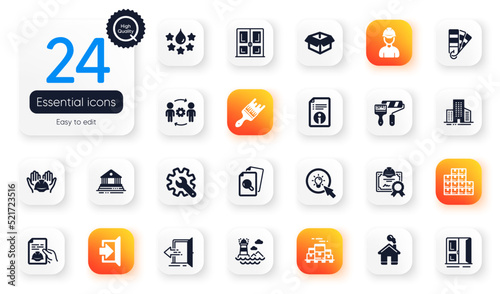 Set of Industrial flat icons. Technical info, Inspect and Buildings elements for web application. Technical documentation, Lighthouse, Wholesale inventory icons. Quality, Certificate. Vector